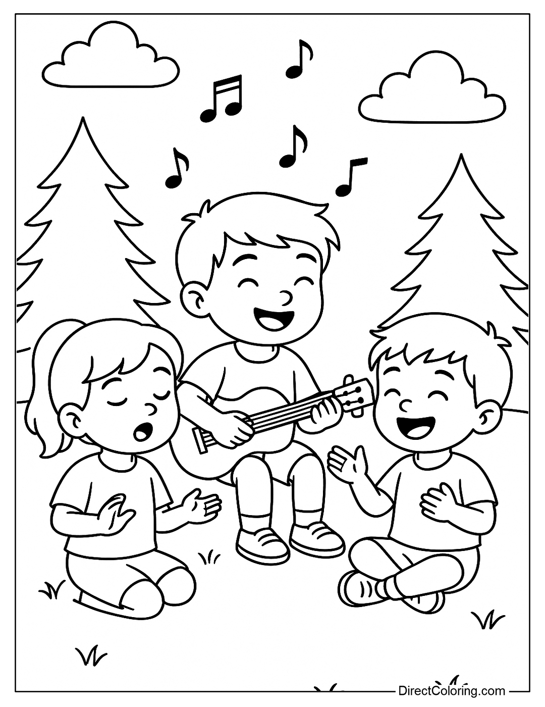 Coloring page of a group of kids singing around a guitar, with notes flying up into the sky.